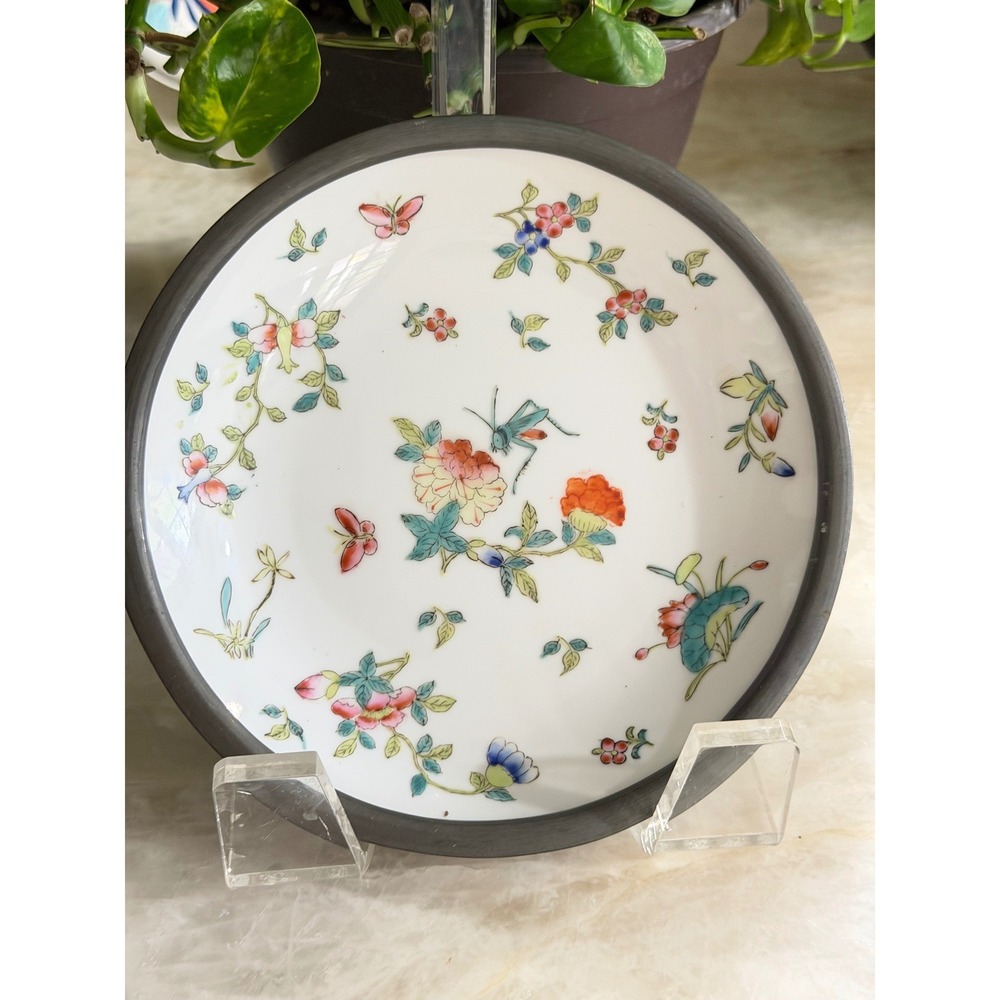 Vtg‎ Pewter Encased Porcelain Bowl Hong Kong Hand Painted Floral Butterfly 7.25"
